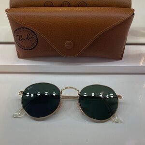 Ray-Ban Round Gold Frame Sunglasses with Dark Green Lenses